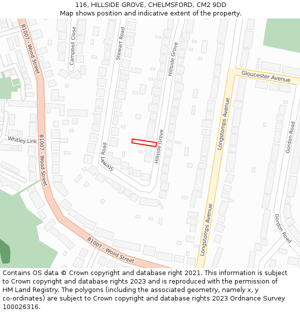 116, HILLSIDE GROVE, CHELMSFORD, CM2 9DD: Location map and indicative extent of plot