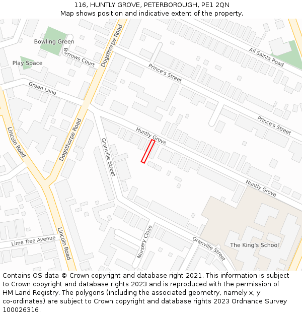116, HUNTLY GROVE, PETERBOROUGH, PE1 2QN: Location map and indicative extent of plot