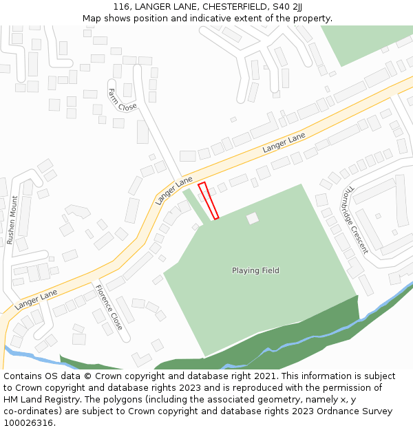 116, LANGER LANE, CHESTERFIELD, S40 2JJ: Location map and indicative extent of plot