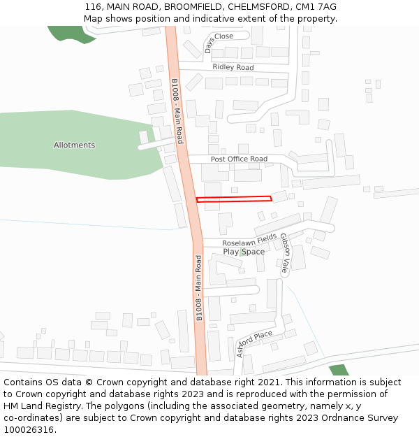 116, MAIN ROAD, BROOMFIELD, CHELMSFORD, CM1 7AG: Location map and indicative extent of plot