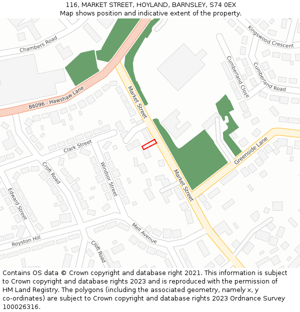 116, MARKET STREET, HOYLAND, BARNSLEY, S74 0EX: Location map and indicative extent of plot