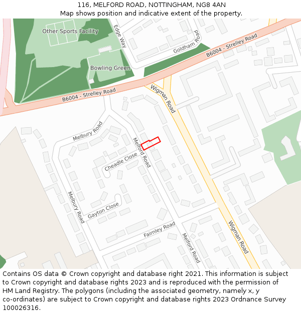116, MELFORD ROAD, NOTTINGHAM, NG8 4AN: Location map and indicative extent of plot
