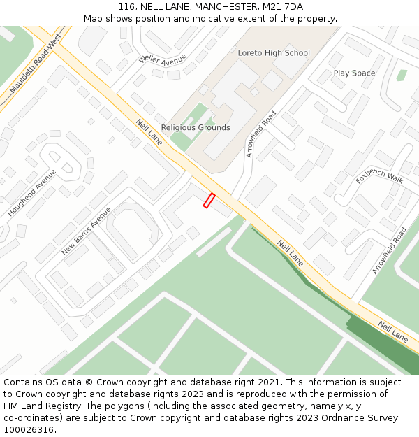 116, NELL LANE, MANCHESTER, M21 7DA: Location map and indicative extent of plot