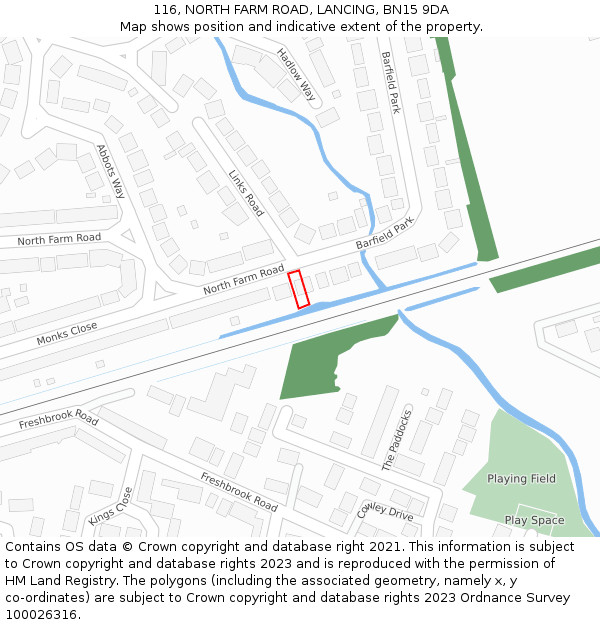 116, NORTH FARM ROAD, LANCING, BN15 9DA: Location map and indicative extent of plot