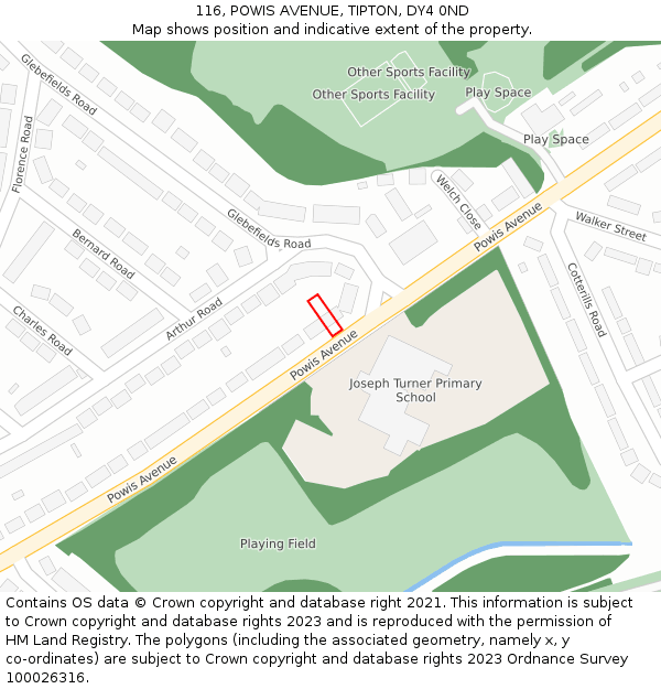 116, POWIS AVENUE, TIPTON, DY4 0ND: Location map and indicative extent of plot