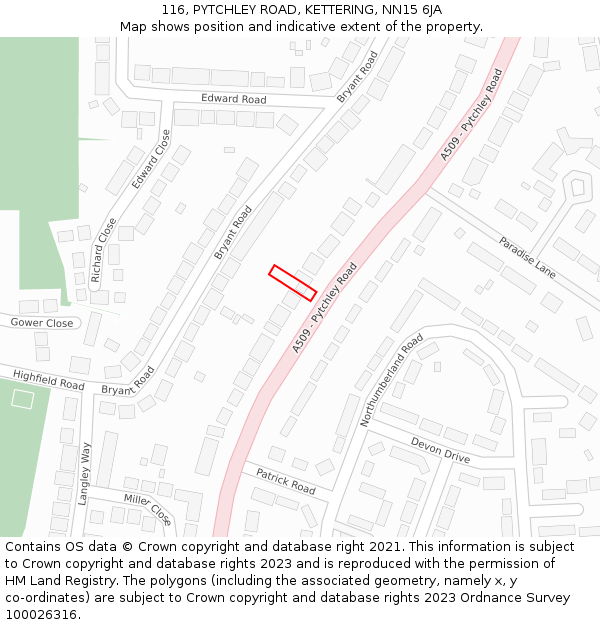 116, PYTCHLEY ROAD, KETTERING, NN15 6JA: Location map and indicative extent of plot