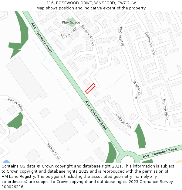 116, ROSEWOOD DRIVE, WINSFORD, CW7 2UW: Location map and indicative extent of plot