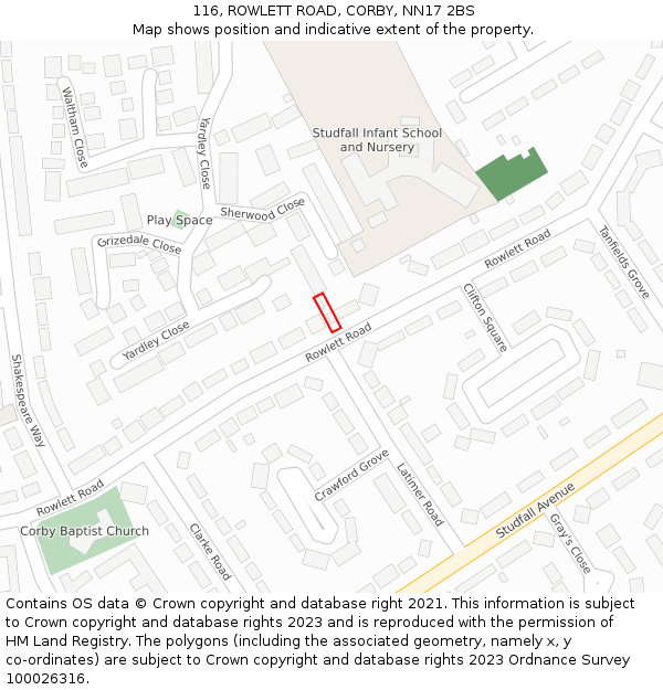 116, ROWLETT ROAD, CORBY, NN17 2BS: Location map and indicative extent of plot