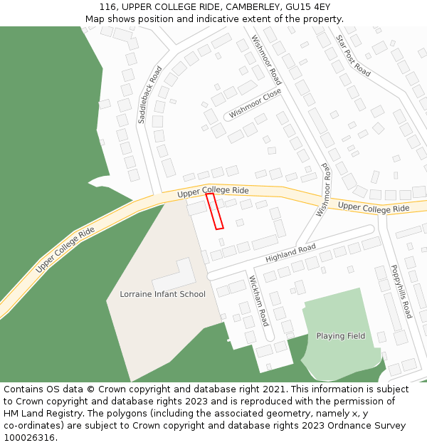 116, UPPER COLLEGE RIDE, CAMBERLEY, GU15 4EY: Location map and indicative extent of plot