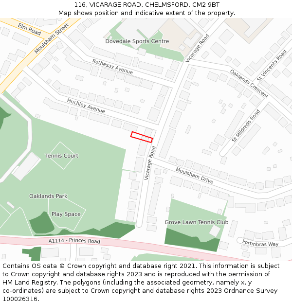 116, VICARAGE ROAD, CHELMSFORD, CM2 9BT: Location map and indicative extent of plot