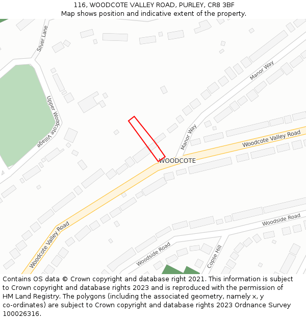 116, WOODCOTE VALLEY ROAD, PURLEY, CR8 3BF: Location map and indicative extent of plot