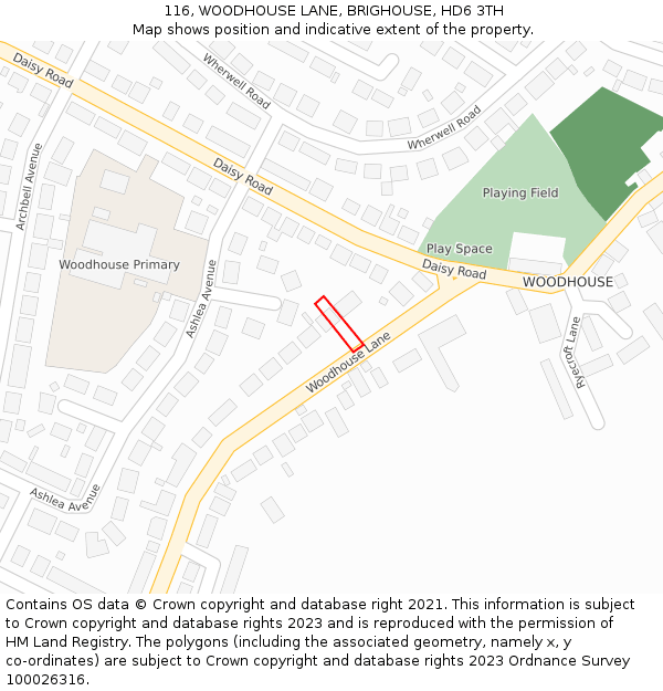 116, WOODHOUSE LANE, BRIGHOUSE, HD6 3TH: Location map and indicative extent of plot