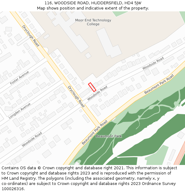 116, WOODSIDE ROAD, HUDDERSFIELD, HD4 5JW: Location map and indicative extent of plot