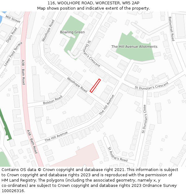 116, WOOLHOPE ROAD, WORCESTER, WR5 2AP: Location map and indicative extent of plot