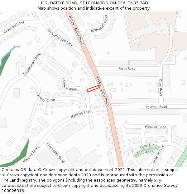 117, BATTLE ROAD, ST LEONARDS-ON-SEA, TN37 7AD: Location map and indicative extent of plot