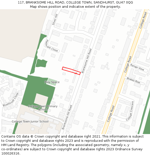 117, BRANKSOME HILL ROAD, COLLEGE TOWN, SANDHURST, GU47 0QG: Location map and indicative extent of plot