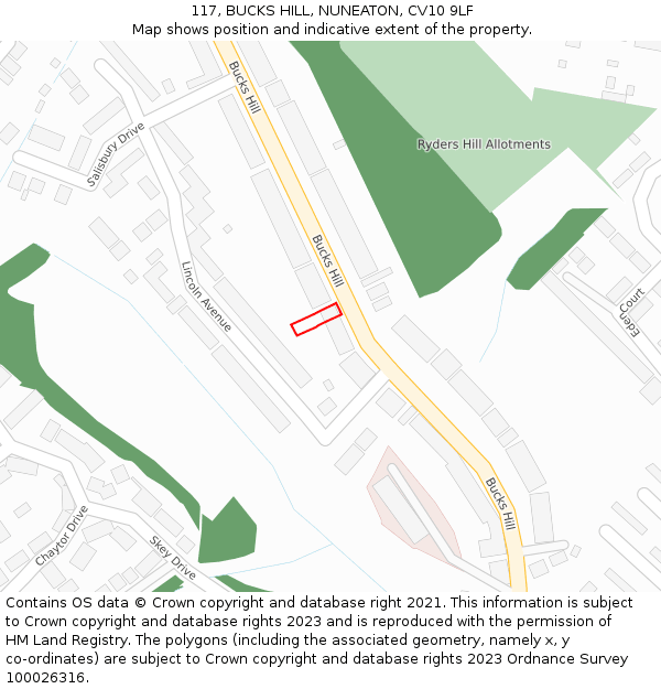 117, BUCKS HILL, NUNEATON, CV10 9LF: Location map and indicative extent of plot