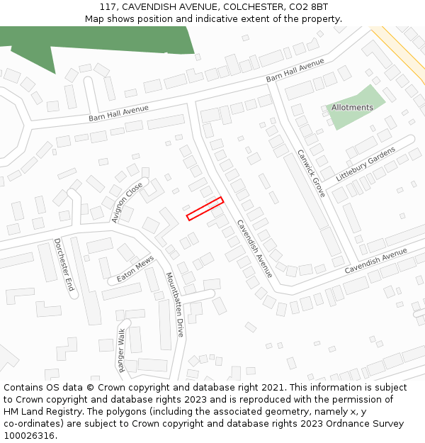 117, CAVENDISH AVENUE, COLCHESTER, CO2 8BT: Location map and indicative extent of plot