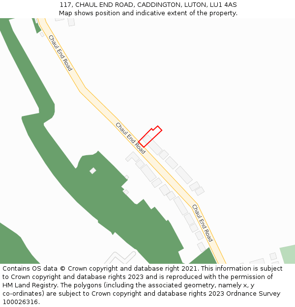 117, CHAUL END ROAD, CADDINGTON, LUTON, LU1 4AS: Location map and indicative extent of plot