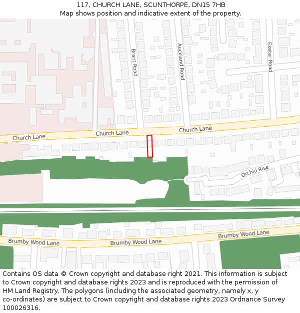 117, CHURCH LANE, SCUNTHORPE, DN15 7HB: Location map and indicative extent of plot