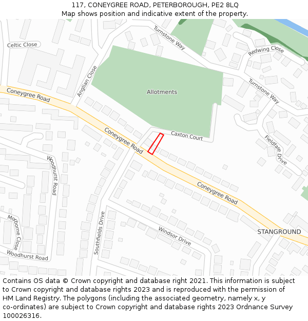 117, CONEYGREE ROAD, PETERBOROUGH, PE2 8LQ: Location map and indicative extent of plot