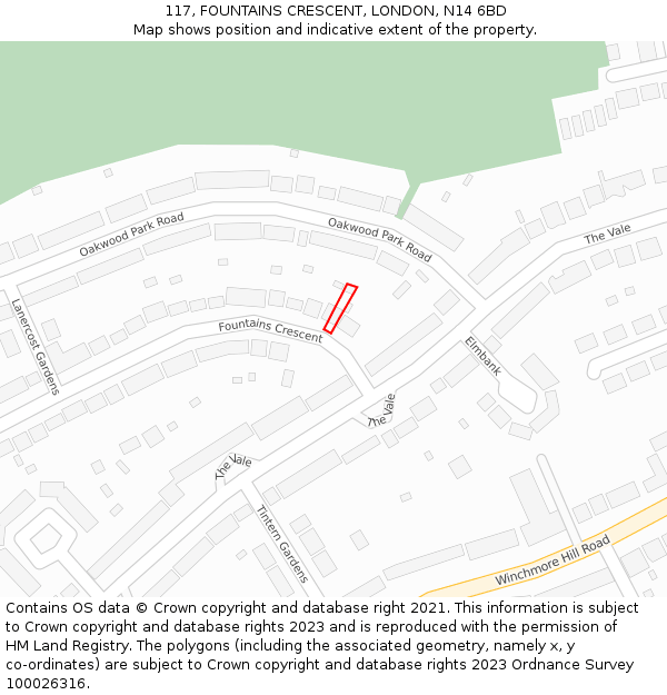 117, FOUNTAINS CRESCENT, LONDON, N14 6BD: Location map and indicative extent of plot