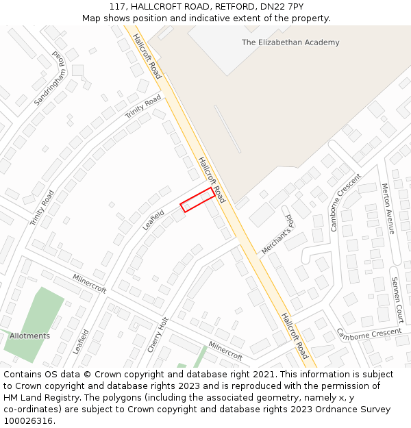 117, HALLCROFT ROAD, RETFORD, DN22 7PY: Location map and indicative extent of plot