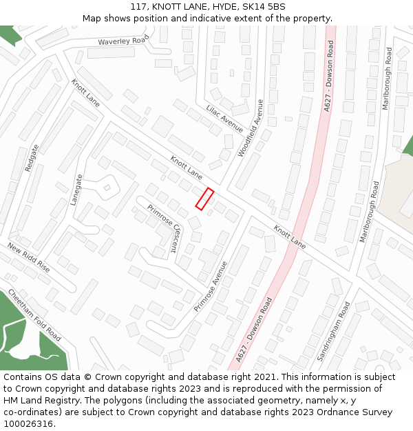 117, KNOTT LANE, HYDE, SK14 5BS: Location map and indicative extent of plot