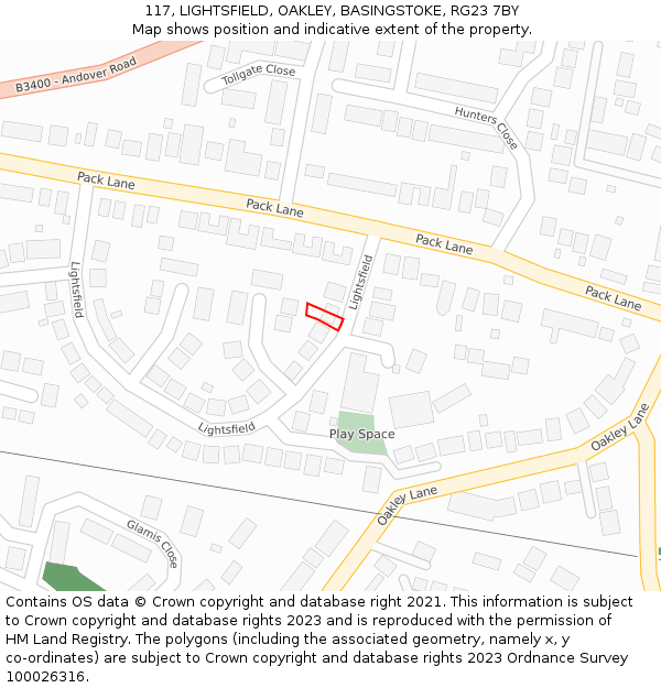 117, LIGHTSFIELD, OAKLEY, BASINGSTOKE, RG23 7BY: Location map and indicative extent of plot