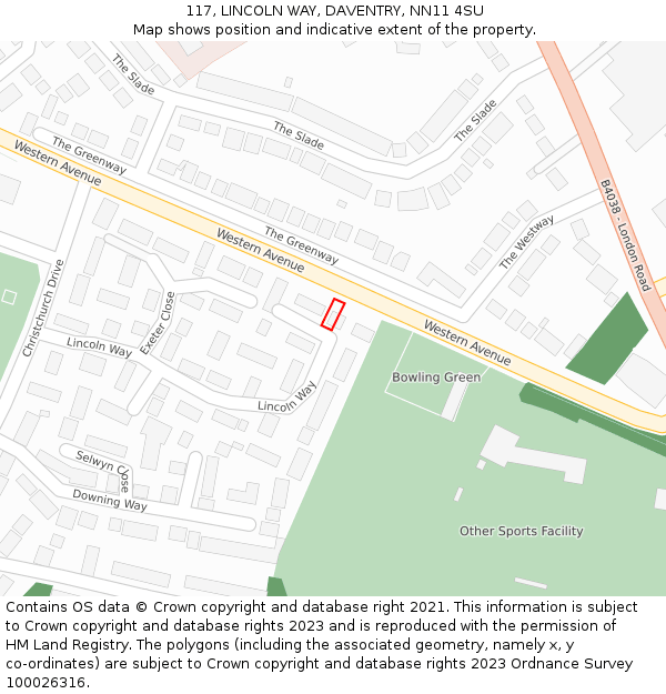 117, LINCOLN WAY, DAVENTRY, NN11 4SU: Location map and indicative extent of plot