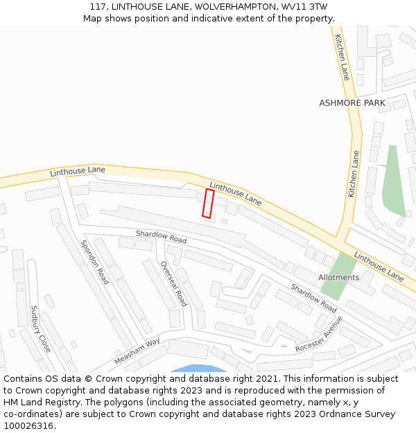 117, LINTHOUSE LANE, WOLVERHAMPTON, WV11 3TW: Location map and indicative extent of plot