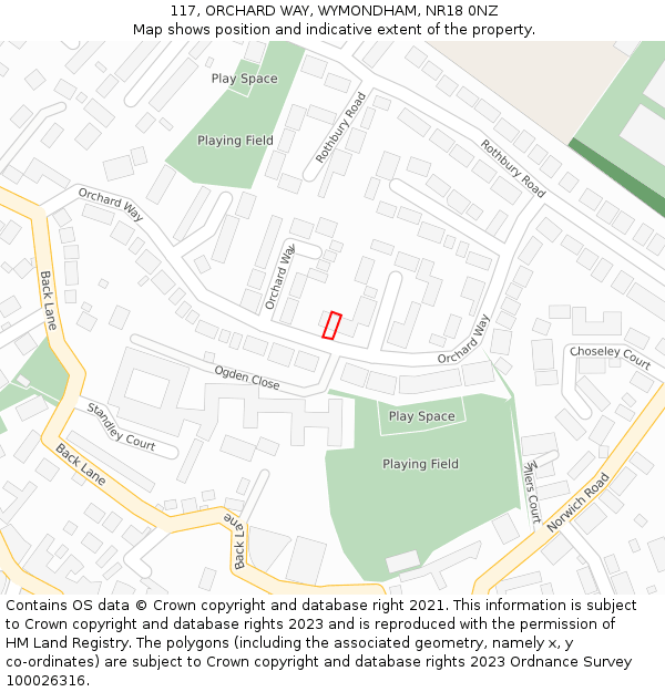 117, ORCHARD WAY, WYMONDHAM, NR18 0NZ: Location map and indicative extent of plot