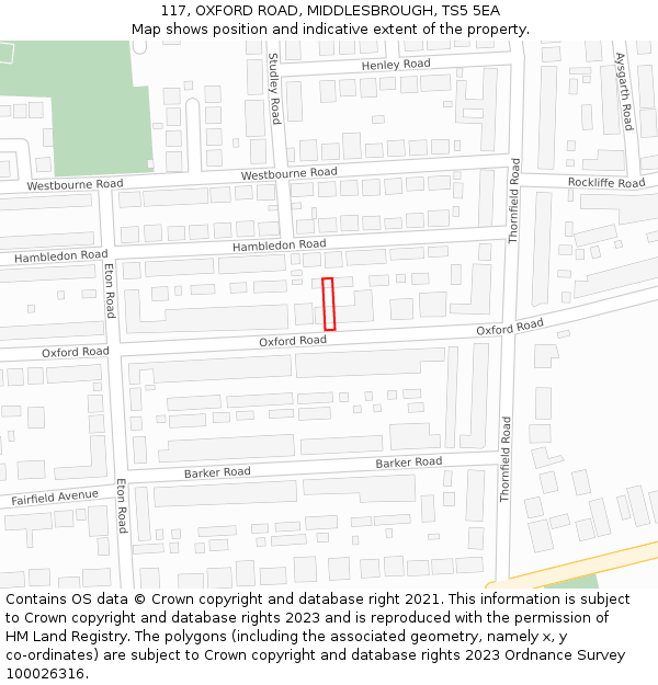 117, OXFORD ROAD, MIDDLESBROUGH, TS5 5EA: Location map and indicative extent of plot