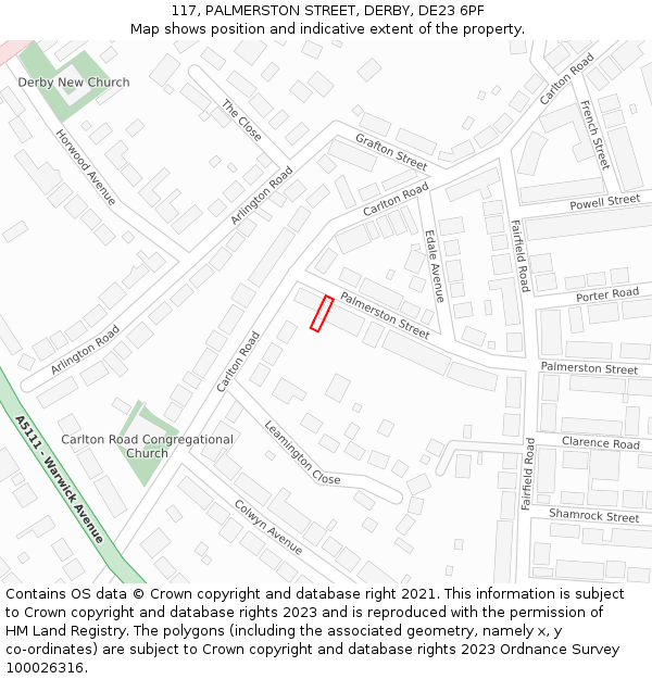 117, PALMERSTON STREET, DERBY, DE23 6PF: Location map and indicative extent of plot