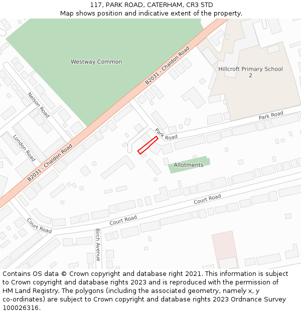 117, PARK ROAD, CATERHAM, CR3 5TD: Location map and indicative extent of plot