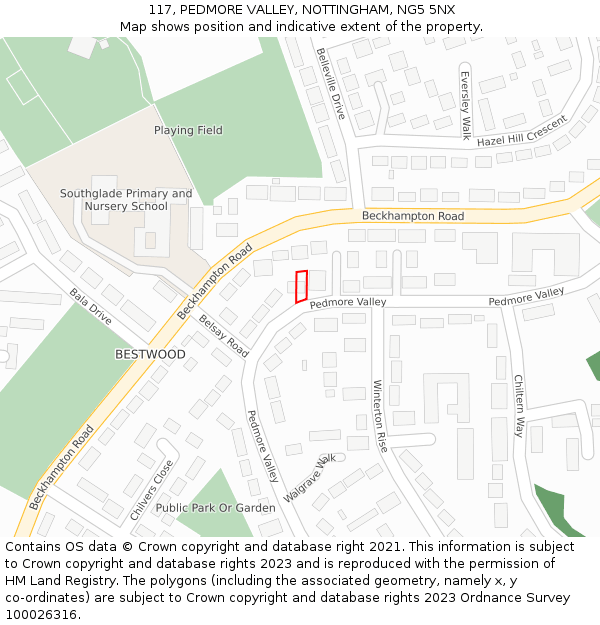 117, PEDMORE VALLEY, NOTTINGHAM, NG5 5NX: Location map and indicative extent of plot