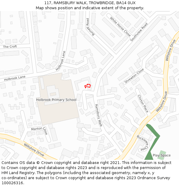 117, RAMSBURY WALK, TROWBRIDGE, BA14 0UX: Location map and indicative extent of plot
