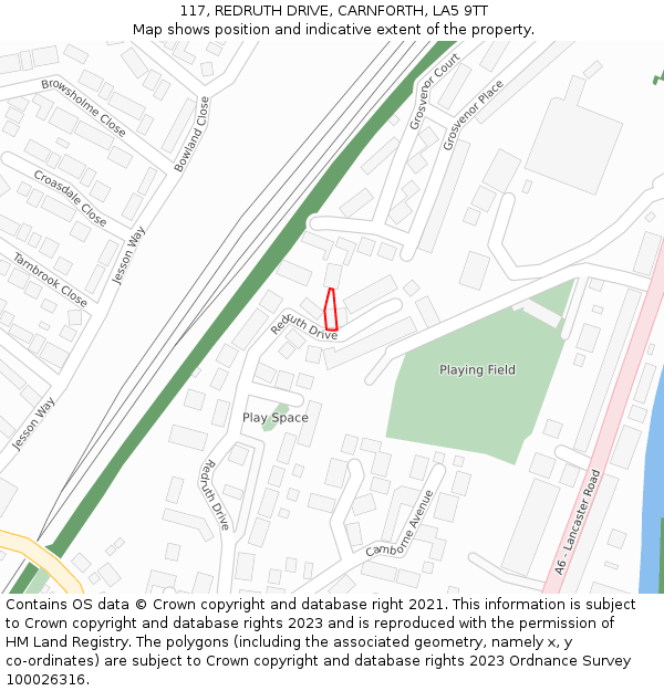 117, REDRUTH DRIVE, CARNFORTH, LA5 9TT: Location map and indicative extent of plot