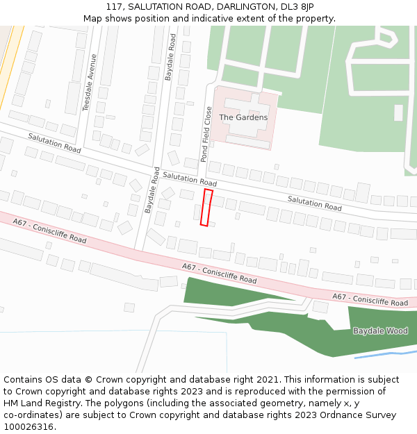 117, SALUTATION ROAD, DARLINGTON, DL3 8JP: Location map and indicative extent of plot