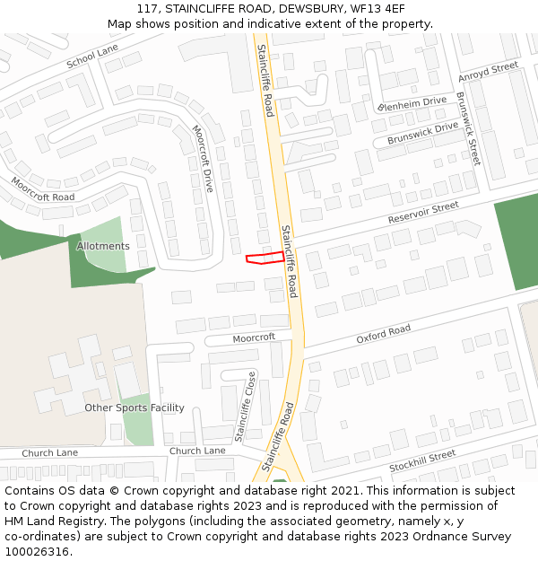 117, STAINCLIFFE ROAD, DEWSBURY, WF13 4EF: Location map and indicative extent of plot