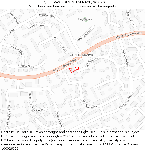 117, THE PASTURES, STEVENAGE, SG2 7DF: Location map and indicative extent of plot