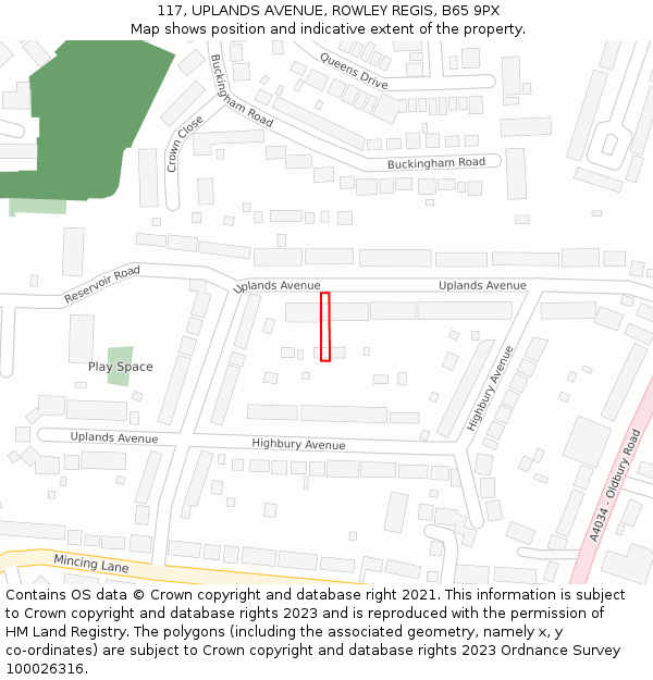 117, UPLANDS AVENUE, ROWLEY REGIS, B65 9PX: Location map and indicative extent of plot