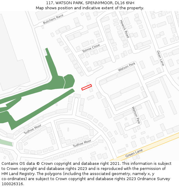 117, WATSON PARK, SPENNYMOOR, DL16 6NH: Location map and indicative extent of plot
