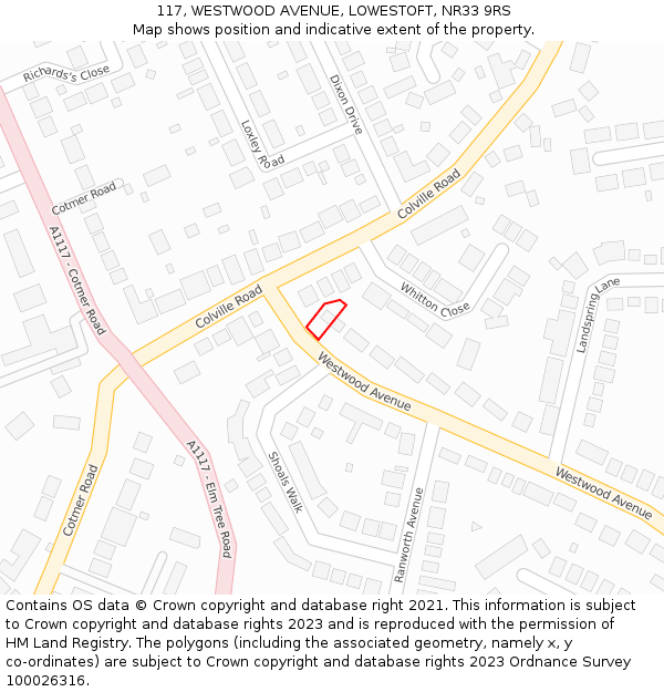 117, WESTWOOD AVENUE, LOWESTOFT, NR33 9RS: Location map and indicative extent of plot