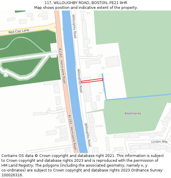 117, WILLOUGHBY ROAD, BOSTON, PE21 9HR: Location map and indicative extent of plot