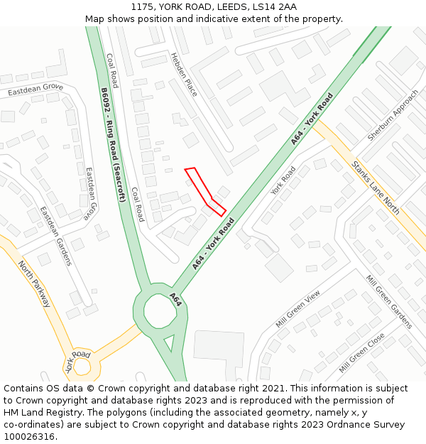 1175, YORK ROAD, LEEDS, LS14 2AA: Location map and indicative extent of plot