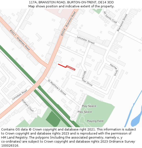 117A, BRANSTON ROAD, BURTON-ON-TRENT, DE14 3DD: Location map and indicative extent of plot