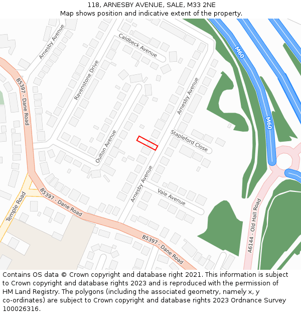 118, ARNESBY AVENUE, SALE, M33 2NE: Location map and indicative extent of plot