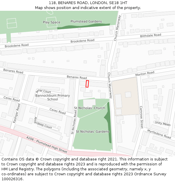 118, BENARES ROAD, LONDON, SE18 1HT: Location map and indicative extent of plot