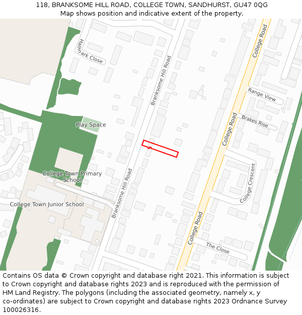118, BRANKSOME HILL ROAD, COLLEGE TOWN, SANDHURST, GU47 0QG: Location map and indicative extent of plot